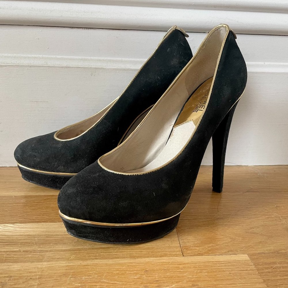 MICHAEL Michael Kors Black Suede Pumps with Gold Trim